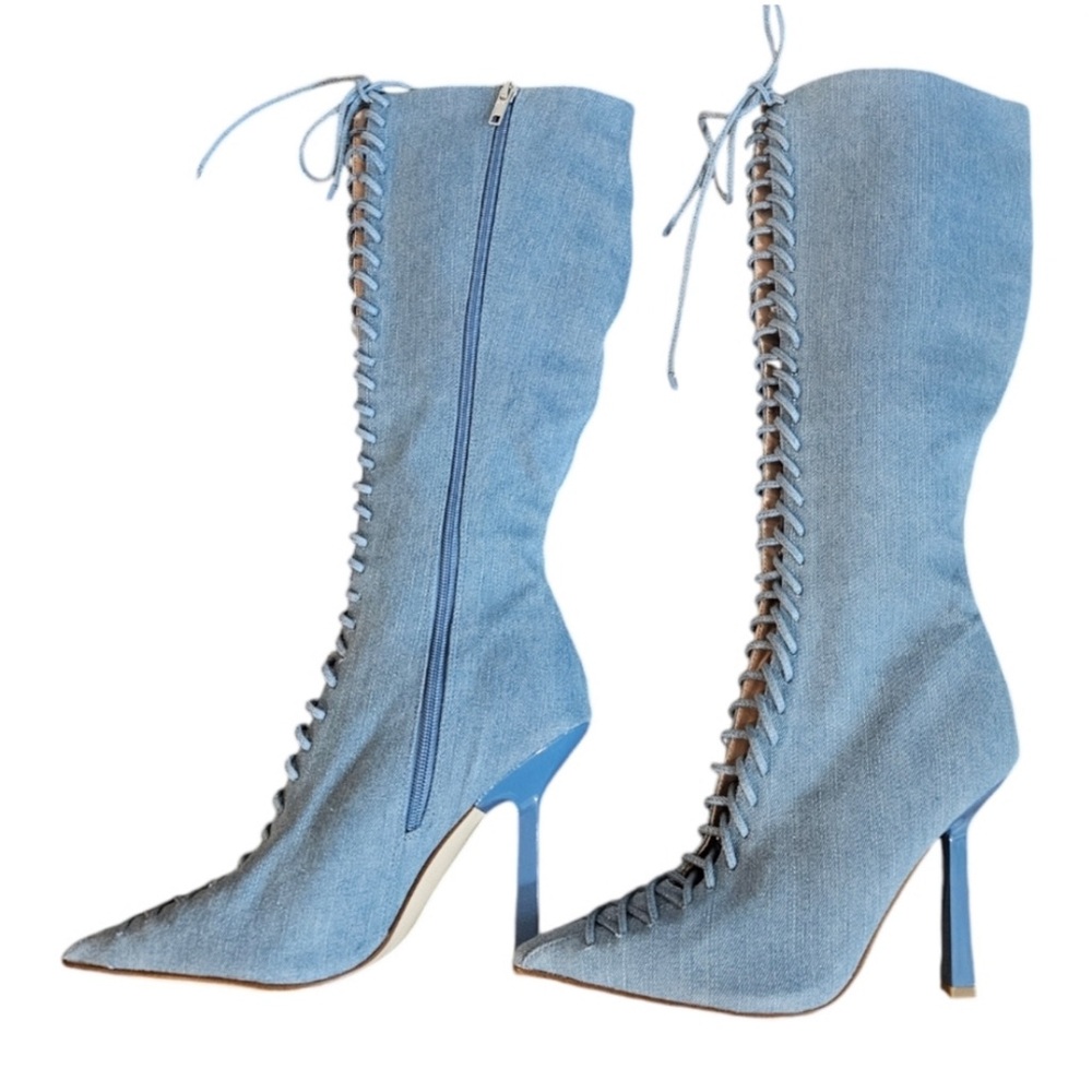 NEW Steve Madden “Killa” Blue Denim Lace Up Tall Boots NWT - Picture 3 of 6